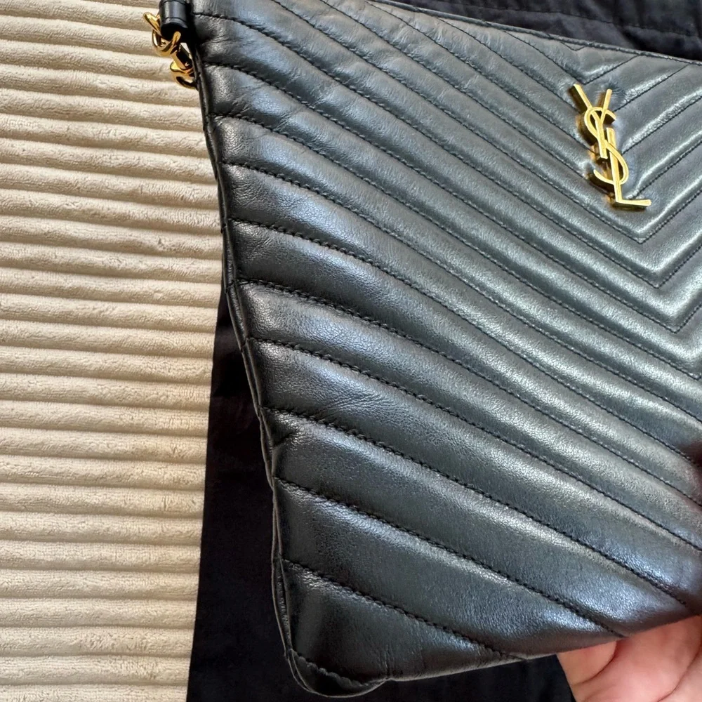 Saint Laurent Black Quilted Chevron Leather Wristlet with Gold YSL Logo - Picture 6 of 16